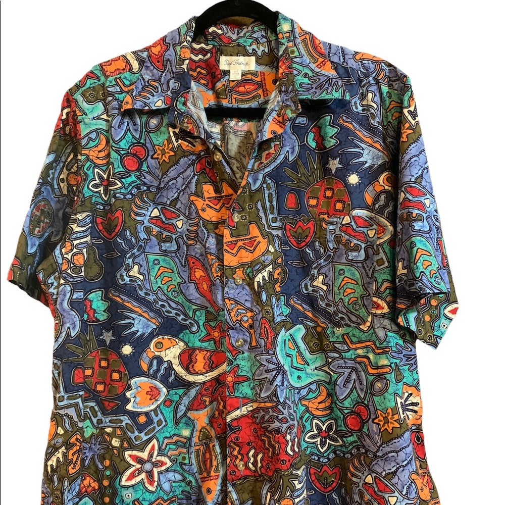 Paul Fredrick Men's L Shirt Hawaiian Button Up Short Sleeve Shirt, Artistic.